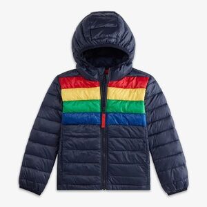 Primary Kids Puffer Jacket - Navy with Rainbow Stripes